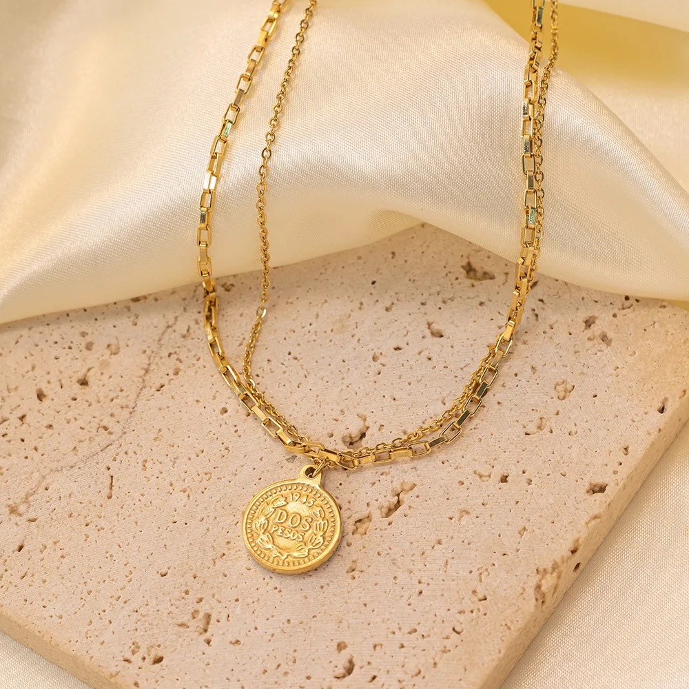 Vintage Multi-Layer Chain Wearing Metal Coin Round Brand Pendant Necklace